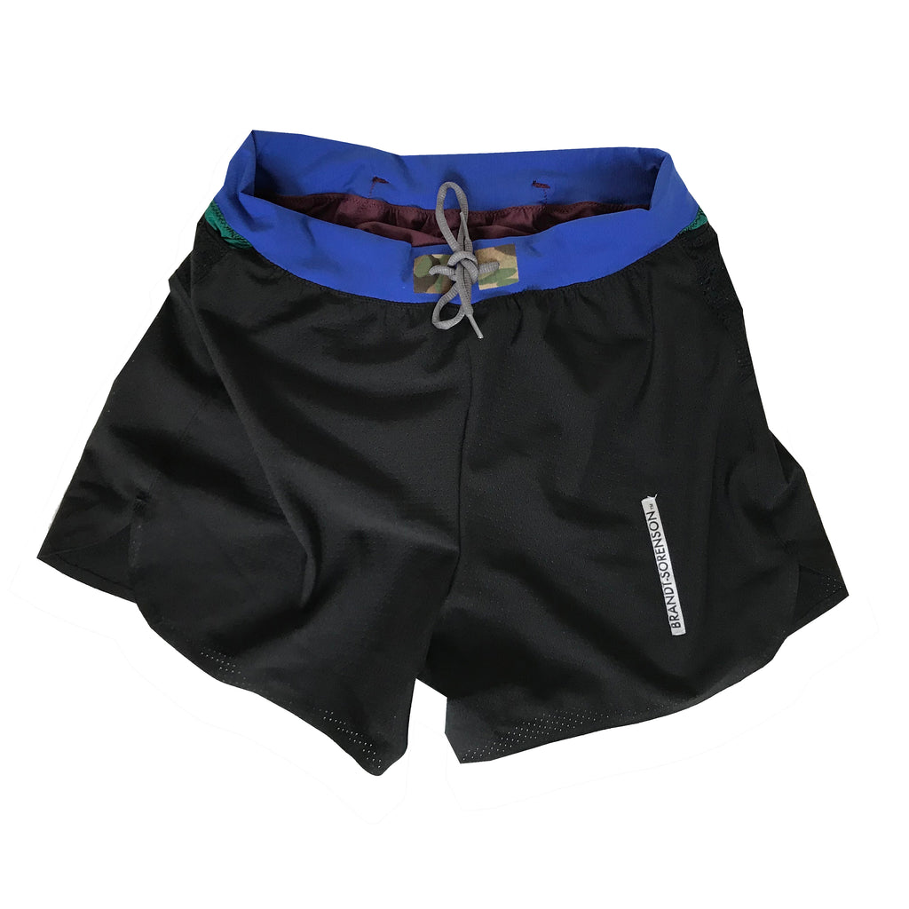 Colorblock Mesh Run Shorts: Blue/Orange/Multicam