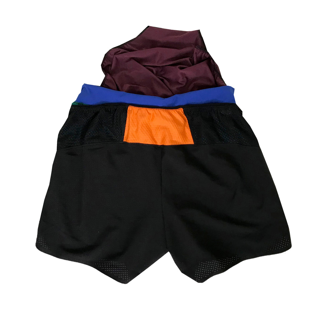 Colorblock Mesh Run Shorts: Blue/Orange/Multicam